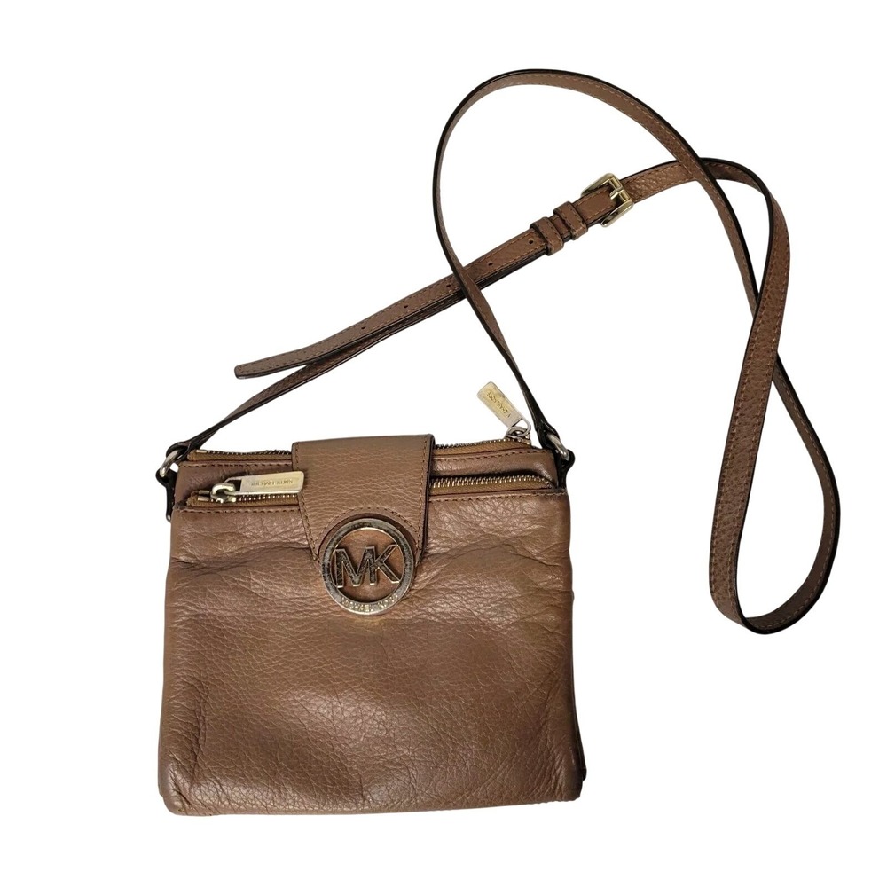 Michael Kors Fulton Crossbody Bag Tan Pebbled Leather Gold MK Logo Small Purse